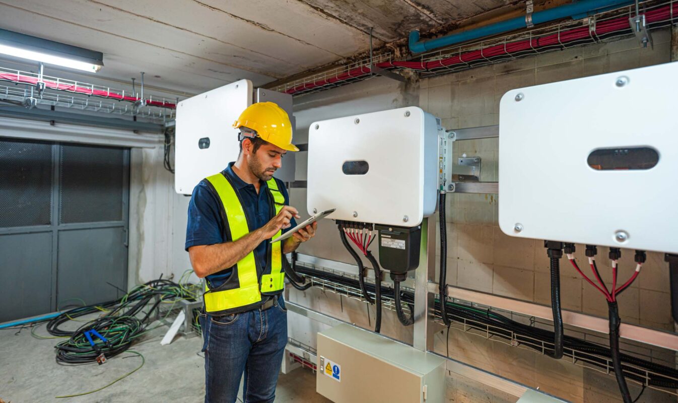 Tecnico di assistenza usa tablet lavoro ispezione installazione inverter pannelli solari. Tecnico manutenzione pannelli solari. Tecnologia energia solare rinnovabile..