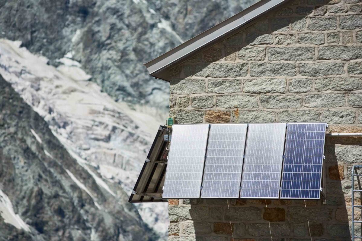 Solar panel on house in mountains.