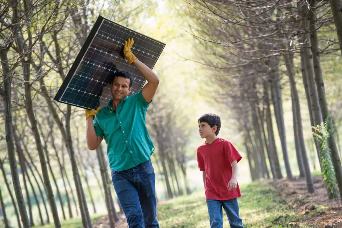 Summer in the country,A man carrying a solar panel down an avenue of trees, accompanied by a child.