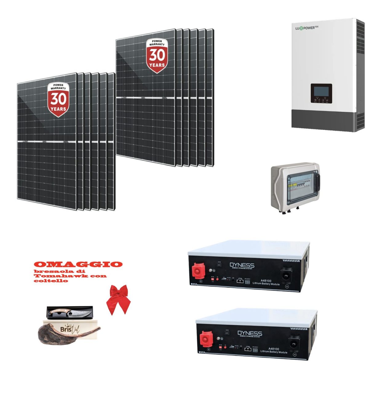 Kit Off grid autoconsumo 8Kwp Pannello Solare 440Wp Inverter Luxpower 6Kwh con regolatore 8Kwp + Batteria litio Dyness 10Kwh + omaggio Bresaola Kit Off grid autoconsumo 8Kwp Pannello Solare 440Wp Inverter Luxpower 6Kwh con regolatore 8Kwp + Batteria litio Dyness 10Kwh + omaggio Bresaola